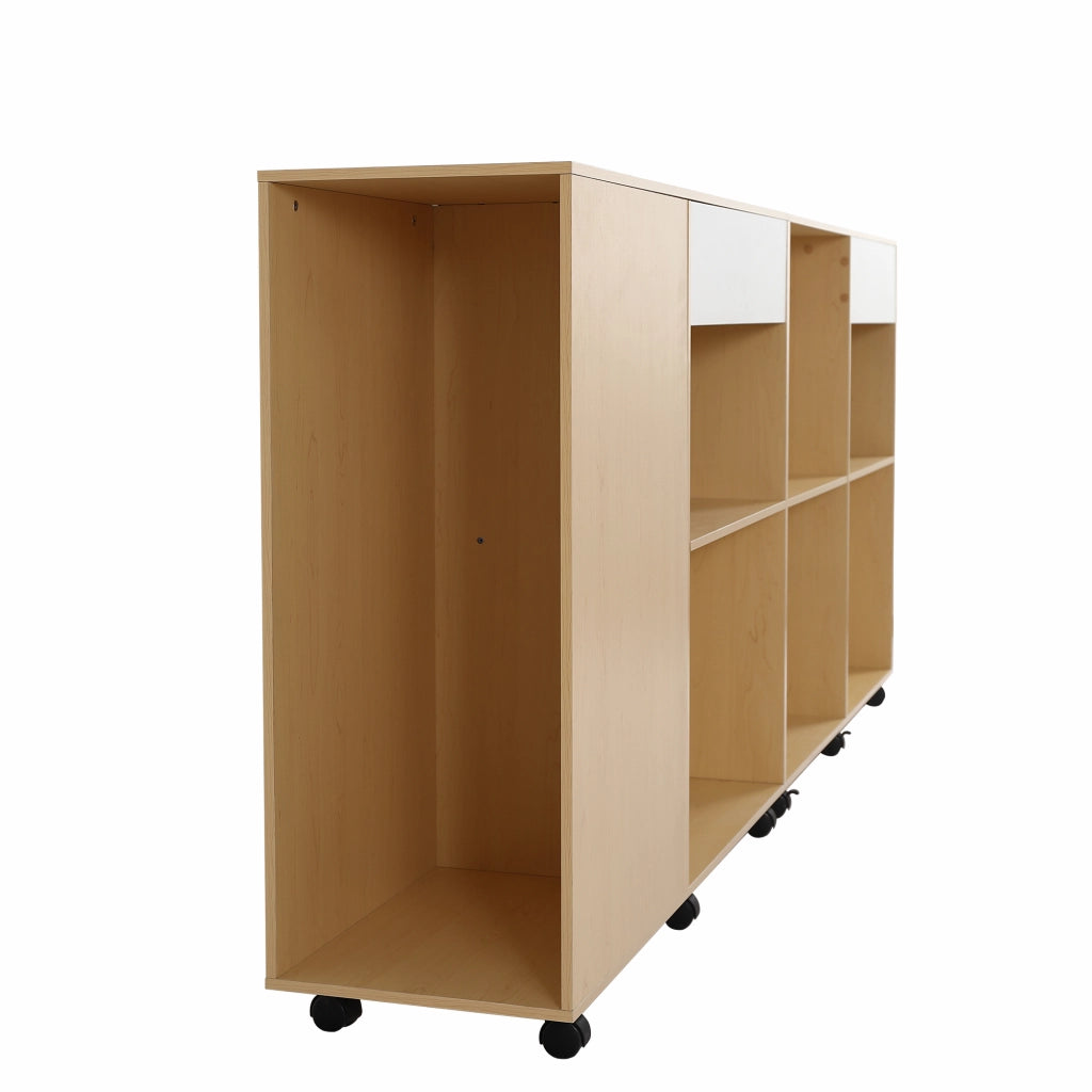 Mobile contenitore modulare con ripiani aperti e rotelle per soggiorno, camera e ufficio in MDF bianco e rovere chiaro