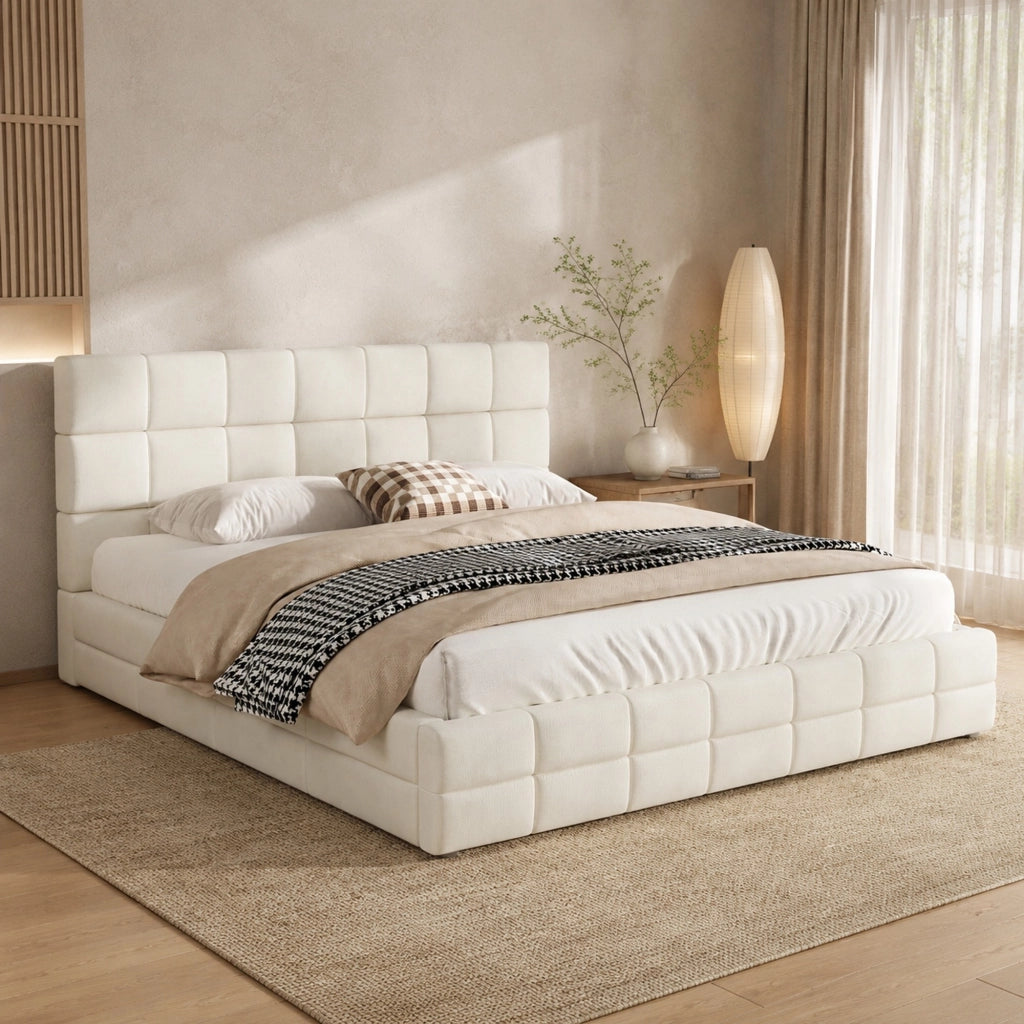 Letto piattaforma imbottito 180x200 cm in velluto beige con testiera