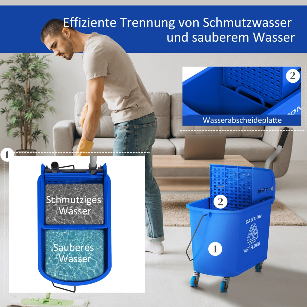 Secchio lavapavimenti da 20 L con strizzatore, separatore e ruote blu
