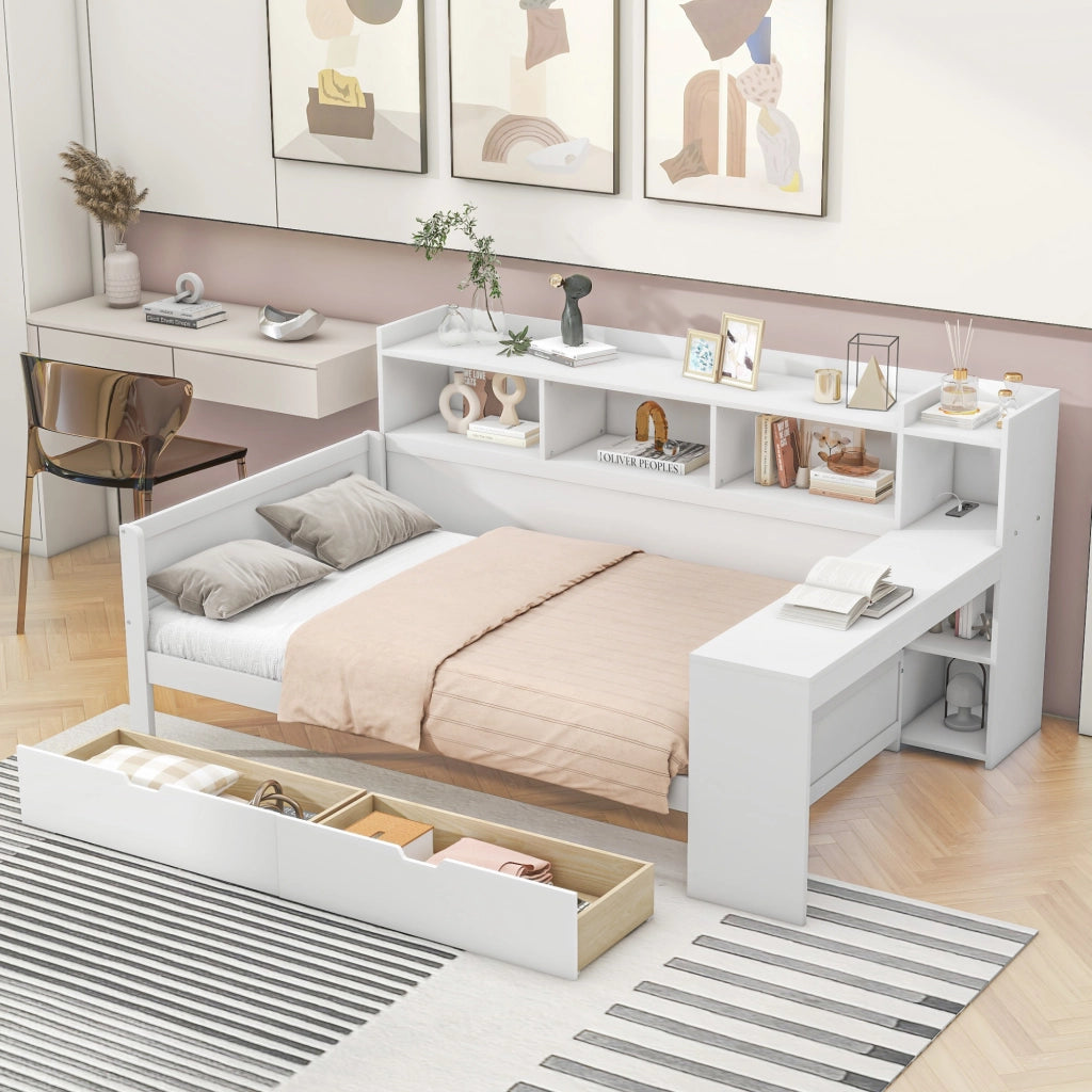 OKWISH Letto a Divano 90×200 cm, Letto Singolo con Presa, USB, 2 Cassetti, Scrivania e Mensole, senza Materasso, Bianco