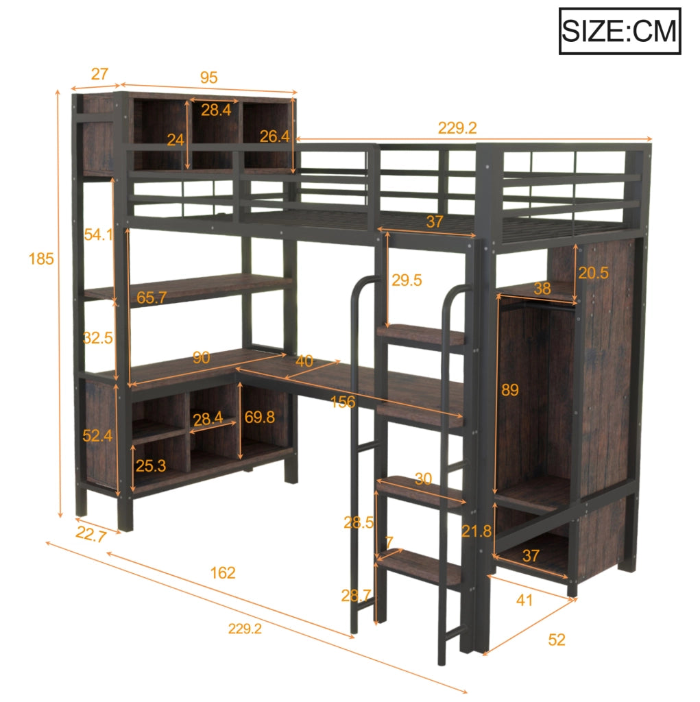Letto a soppalco multifunzione 90x200 cm con scrivania; armadio; LED e prese EU; nero