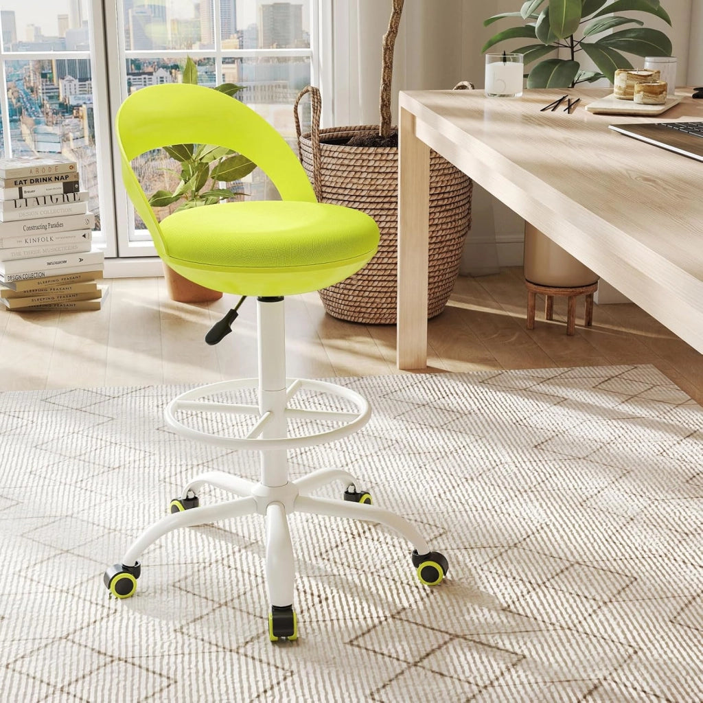 Sedia da ufficio con 5 ruote, altezza regolabile da 70 a 82 cm, sgabello da lavoro con schienale basso, poggiapiedi rotondo, senza braccioli, sgabello ergonomico per ufficio, studio, verde