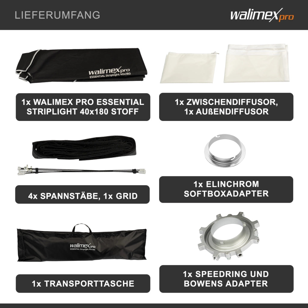 Essential Striplight Softbox 40x180cm + adattatore softbox per Elinchrom (diametro esterno: 15,2 cm), ruotabile a 360°, facile da montare, griglia inclusa, adattatore Bowens