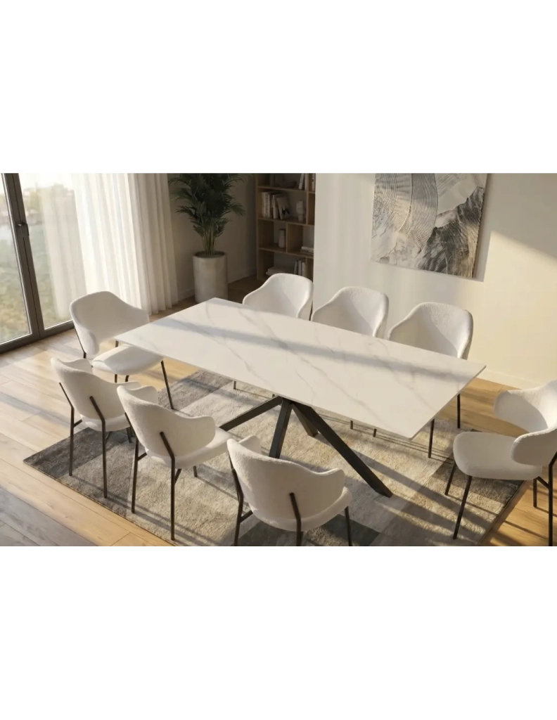 Table SOLARA 180 cm in ceramica effetto marmo bianco con piede a stella nero – 8 posti