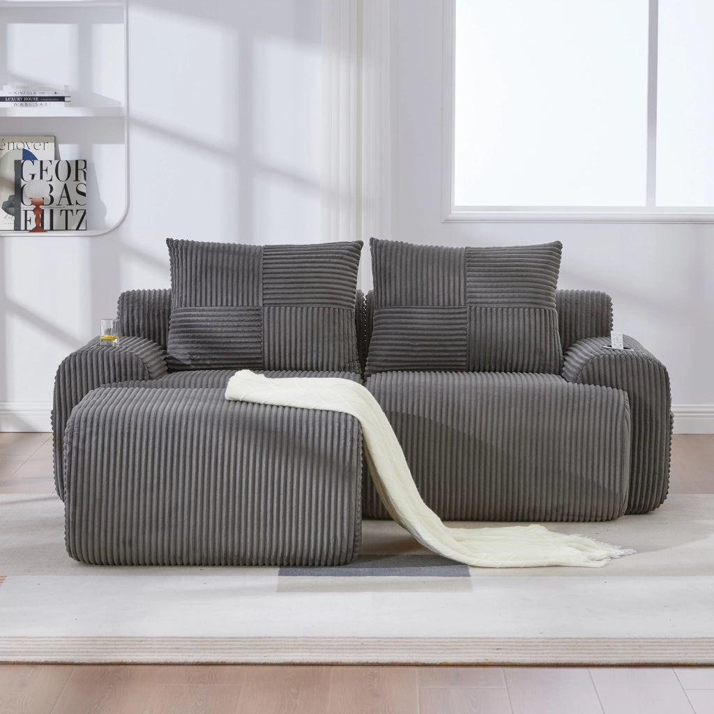 Divano modulare a 2 posti in corduroy con portabicchieri e tasca laterale; grigio scuro