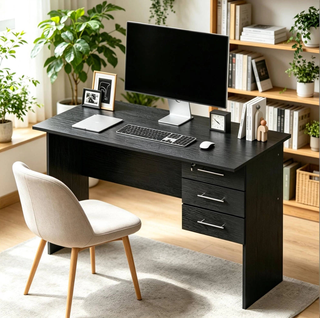 Scrivania da ufficio in legno nero 120x75x60 cm con 3 cassetti e piano resistente