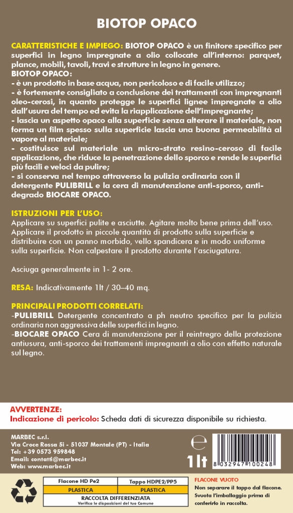 Cera per parquet BIOTOP OPACO   1LT