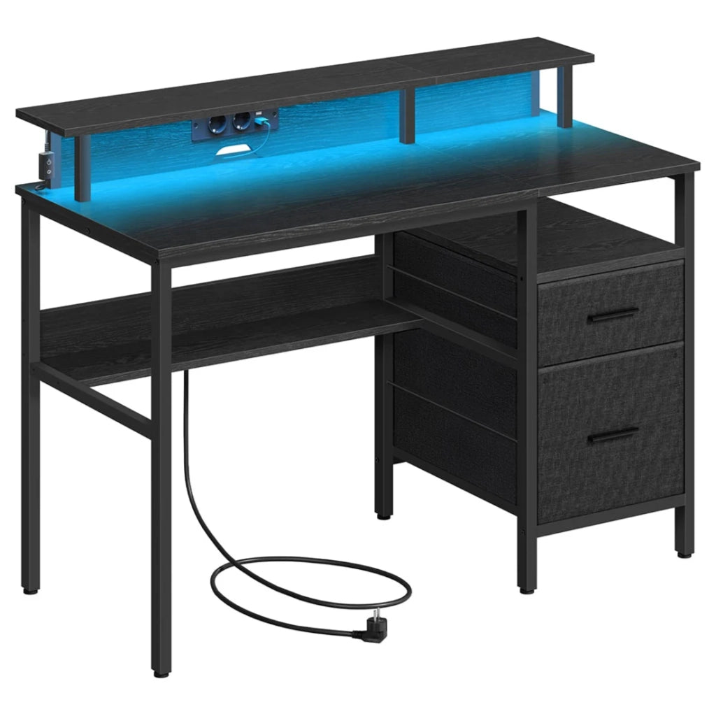 Scrivania da gioco con luci a LED e multipresa scrivania per computer con supporto per monitor tavolo con spazio di archiviazione 2 cassetti 2 porte USB finitura in legno nero 12_0004638