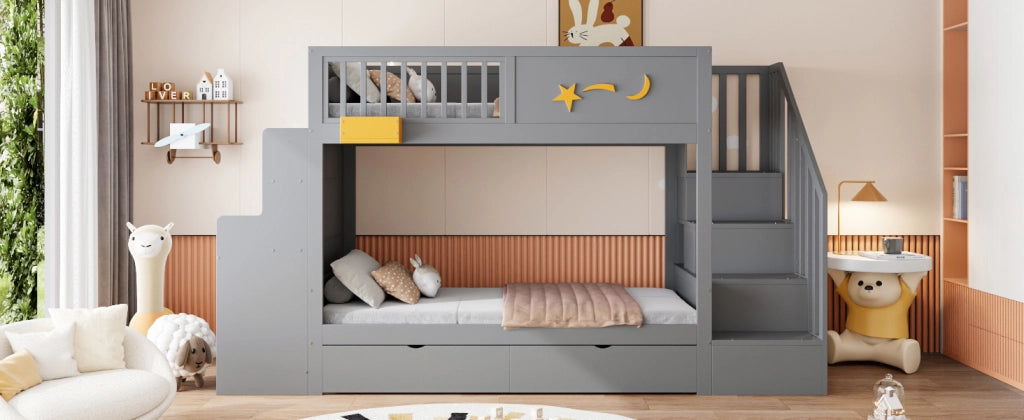 DESMIU Letto a castello bambino 90 × 200 cm 2 posti con cassetti, scala, scrivania e vano, senza materasso, grigio