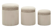 Set 3 Pouf Contenitore Cortina Crema - Set 3 pezzi in MDF e tessuto con spazio interno, design moderno, pratico e salvaspazio