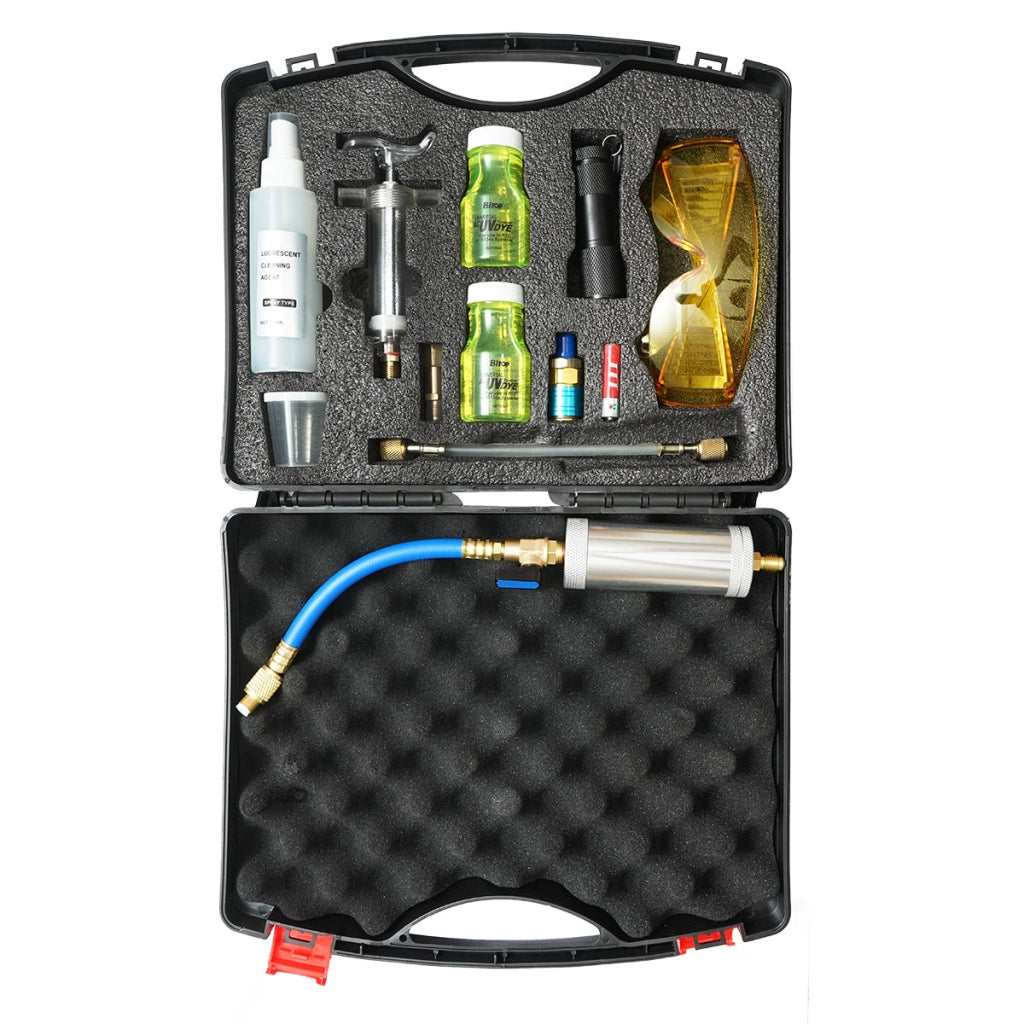 Kit per l'ispezione di impianti di climatizzazione con soluzione di contrasto e lampada UV.