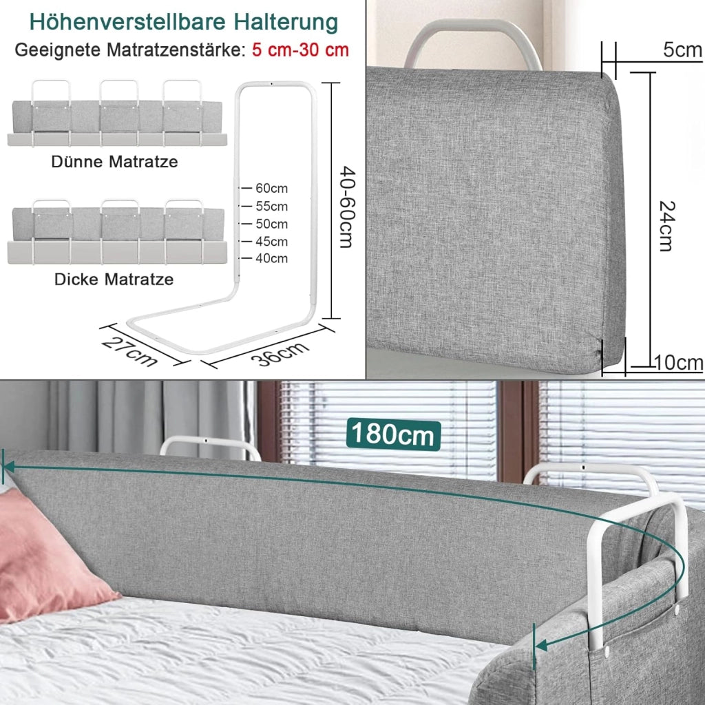 Griglia di protezione per letto, 180 cm, 40 – 60 cm, 5 fori regolabili in altezza, paracolpi flessibile