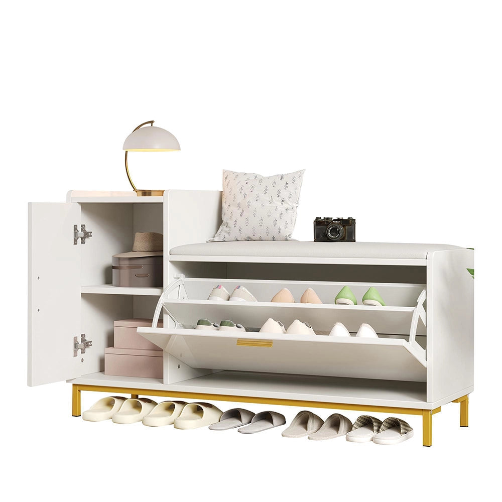 Panchina porta scarpe 100x38x68 cm - Xylo - 2 scomparti, seduta imbottita, piedi metallo oro, bianco e oro
