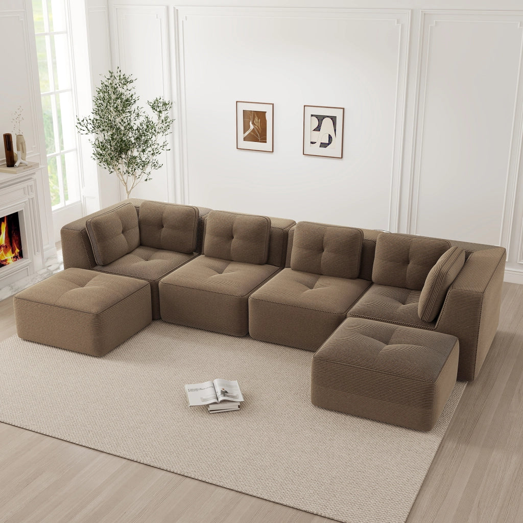 Divano angolare modulare trasformabile con ottomana design antiscivolo senza montaggio in velluto a coste marrone