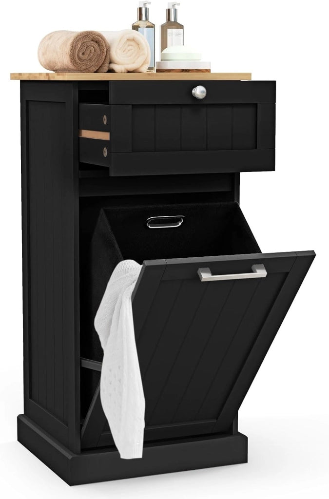 Mobile con Cesta Portabiancheria 40x37x82 cm, Cesto per Biancheria con Cassetto, Mobile Multiuso da Bagno (Nero)