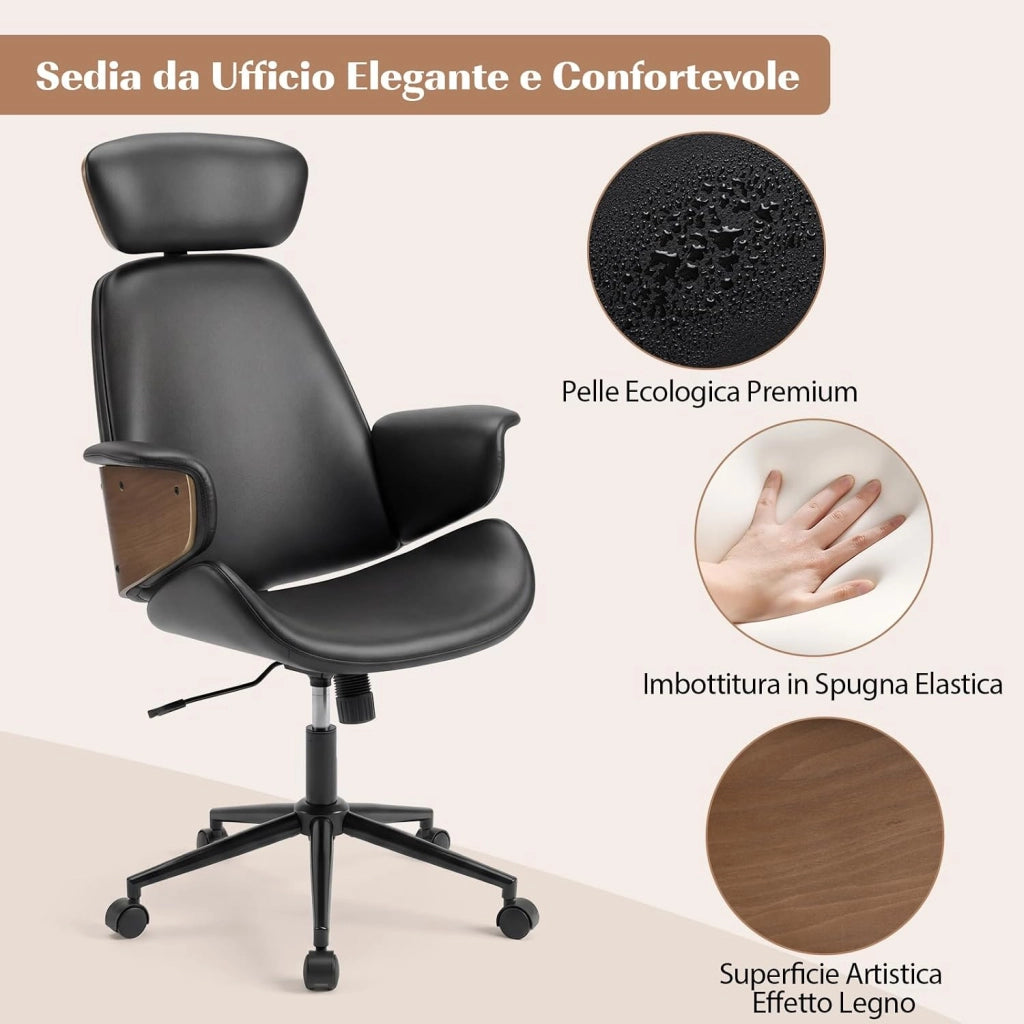 Sedia da Ufficio Ergonomica con Poggiatesta, Sedia Scrivania Imbottita con Altezza Regolabile e Schienale Inclinabile, Poltrona Computer con Braccioli e 5 Ruote Girevoli, Portata 110 kg