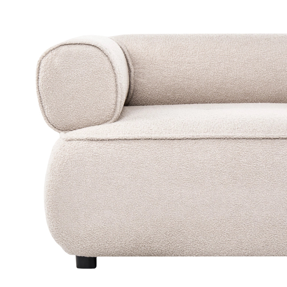 Divano a 3 posti beige in bouclé con braccioli arrotondati rivestimento di alta qualità seduta trapuntata stile moderno di metà secolo decorativo per soggiorno