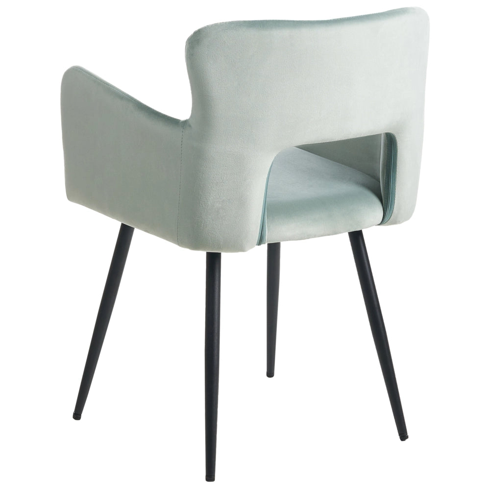 Set di 2 sedie da pranzo velluto azzurro braccioli schienale intagliato gambe in metallo moderna industriale