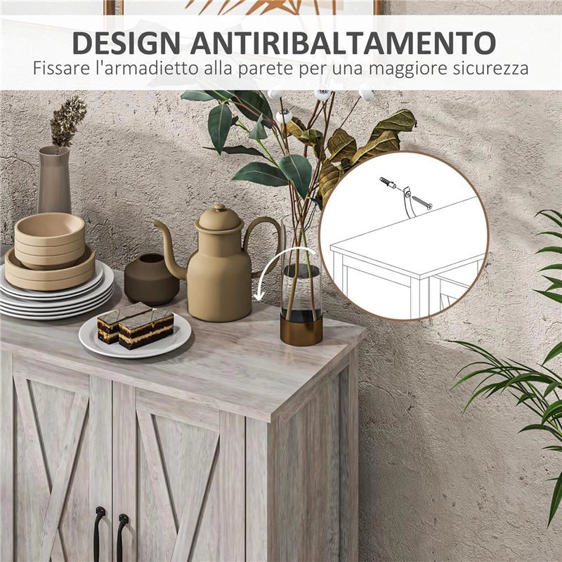 MOBILETTO MULTIUSO STILE RUSTICO CON 4 RIPIANI PORTAOGGETTI REGOLABILI IN LEGNO 120X37X75 CM GRIGIO