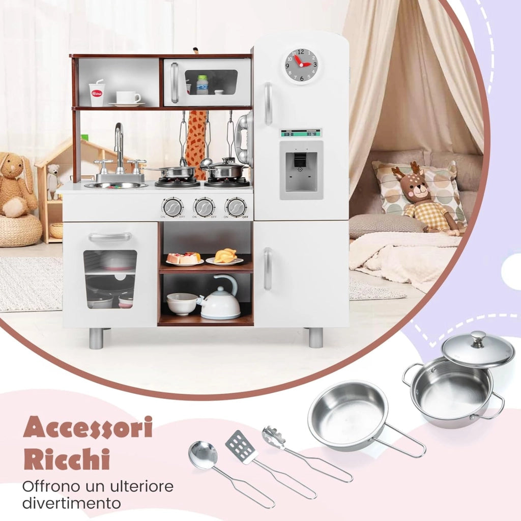 Cucina Giocattolo per Bambini, Cucina Legno per Bambini con Forno, Microonde, Frigorifero, Macchina del Ghiaccio, Lavello e Rubinetto, Funzione Luci e Suoni, per Bambini 3 Anni+