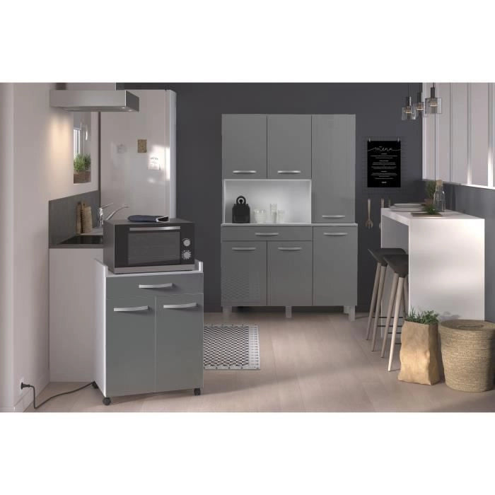 Carrello OSLO 60 cm - 1 cassetto e 1 anta - L 60 x P 44 x H 81 cm - Colore grigio lucido - EKIPA