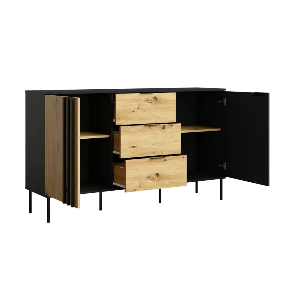 Buffet design IZO – 2 porte & 3 cassetti – Nero onice & Rovere chiaro – 165x92x40 cm