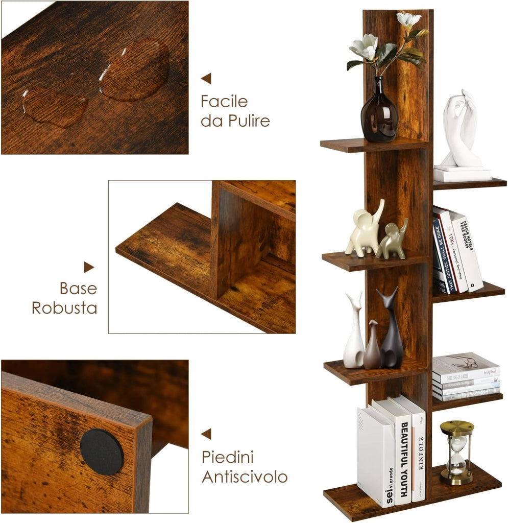 Scaffale in Legno per Libri, 6 Livelli, Libreria da Terra multiuso per Soggirno Ufficio Balcone, Ideale per per Soggirno Ufficio Balcone, 50 x 20 x 141,5 cm (Marrone)