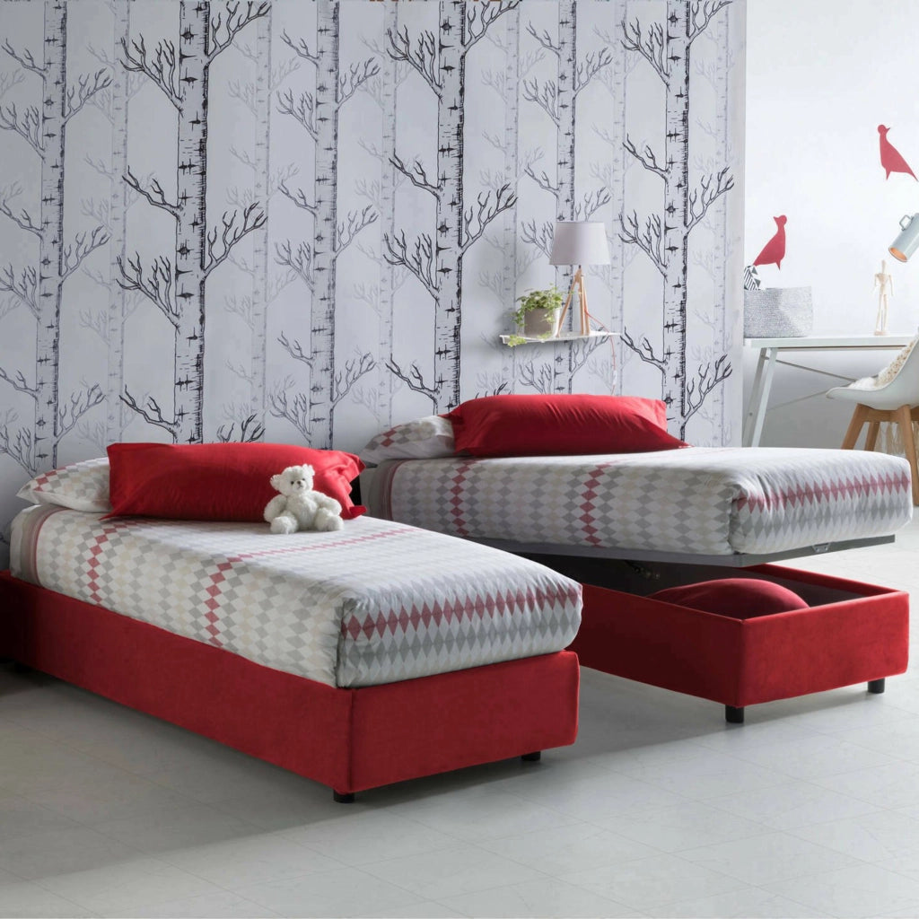 Letto singolo Acetico, Letto contenitore con rivestimento in tessuto, Made in Italy, Apertura frontale, adatto per materasso cm 90x200, Rosso