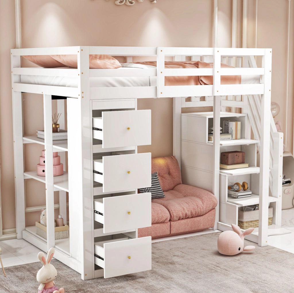 LETTO a soppalco 140x200 cm in legno bianco con 4 cassetti e scala laterale