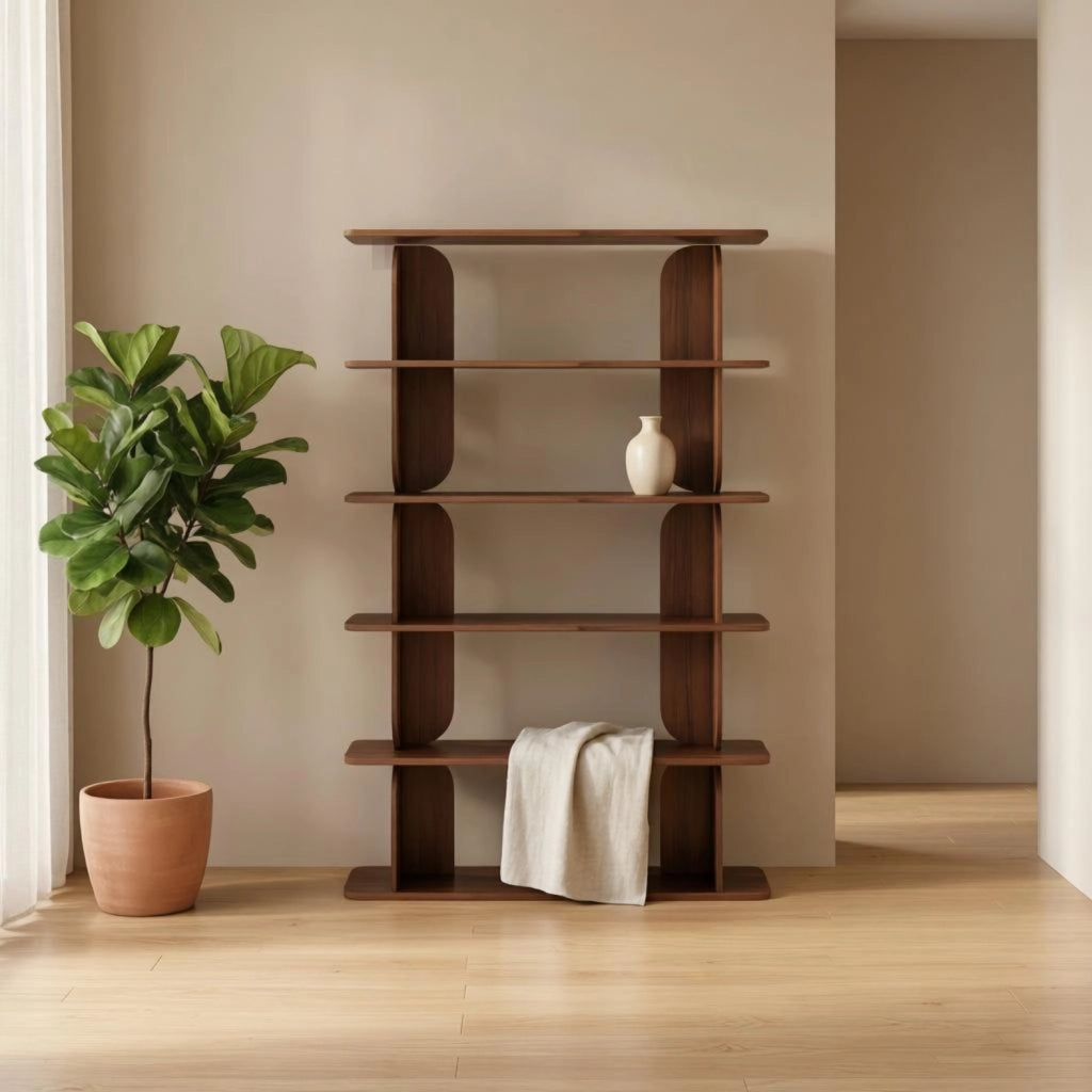Libreria Contemporanea Con 5 Ripiani A Giorno Design Minimal In Melaminico Per Soggiorno Salotto Studio Corridoio Zona Living E Ufficio 120 X 181.5 X 34 Cm Noce