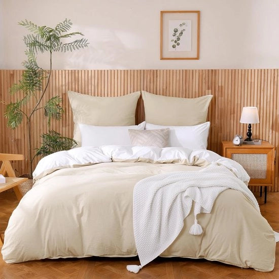 Set di lenzuola in cotone premium, 4 pezzi, tessuto lino beige, 135 x 200 cm, certificato Öko-Tex