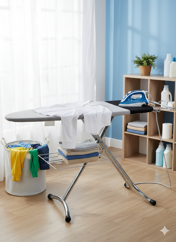 Asse da Stiro Kolossal Profi 125x48 cm con Portabiancheria e Rivestimento a 3 Strati con Area Ignifuga