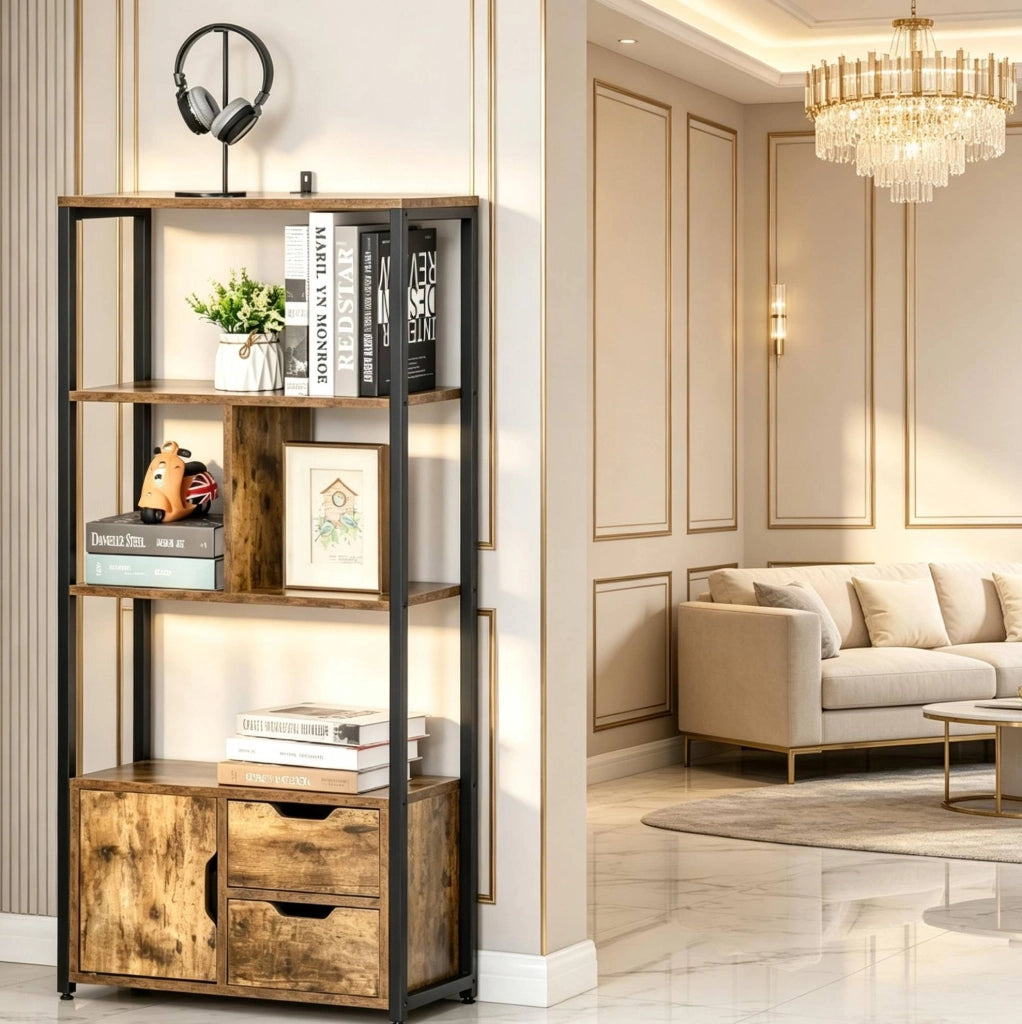 Libreria 58x24x122 cm nera e legno， con vano aperto e chiuso