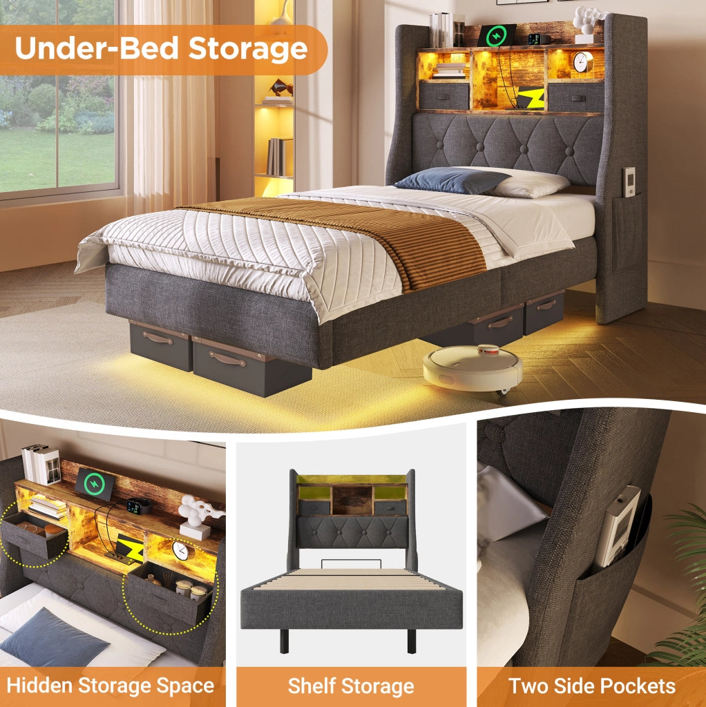 Letto imbottito 140x190 cm con LED, USB e Type-C