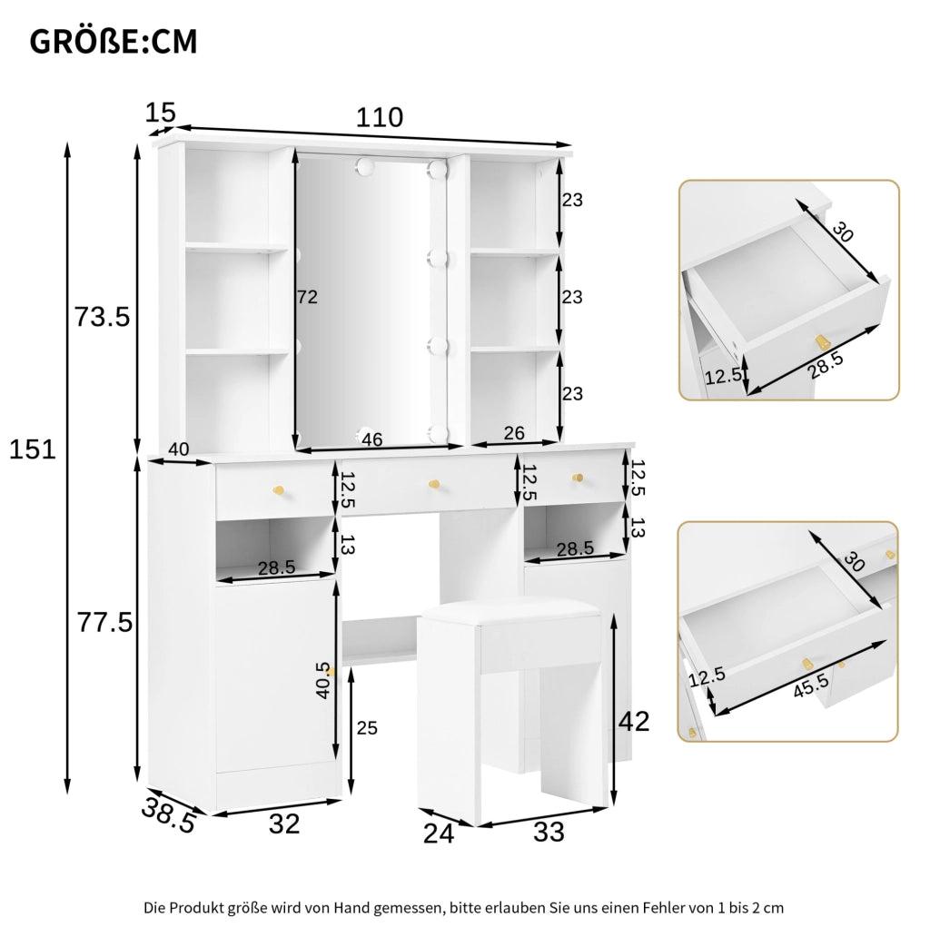 Toeletta 110x40x151 cm con specchio, 10 luci LED e contenitori bianca