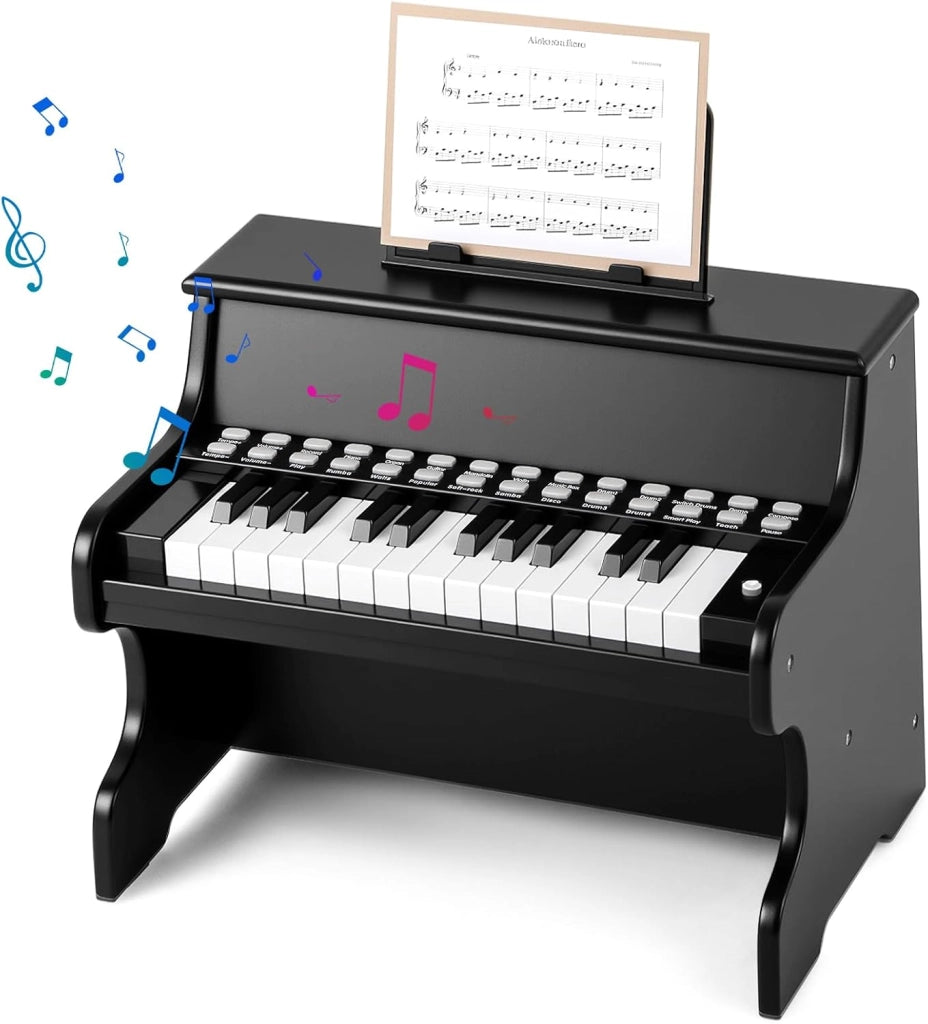 Pianoforte digitale a 25 tasti per bambini, pianoforte in legno con leggio, tasti illuminati, modalità didattica, 6 strumenti, 8 percussioni, tastiera per pianoforte con registrazione e