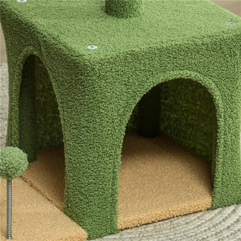 ALBERO TIRAGRAFFI PER GATTI CON CASETTA LETTINO E 2 PALLINE IN LEGNO E POLIESTERE 44X30X98 CM VERDE E MARRONE