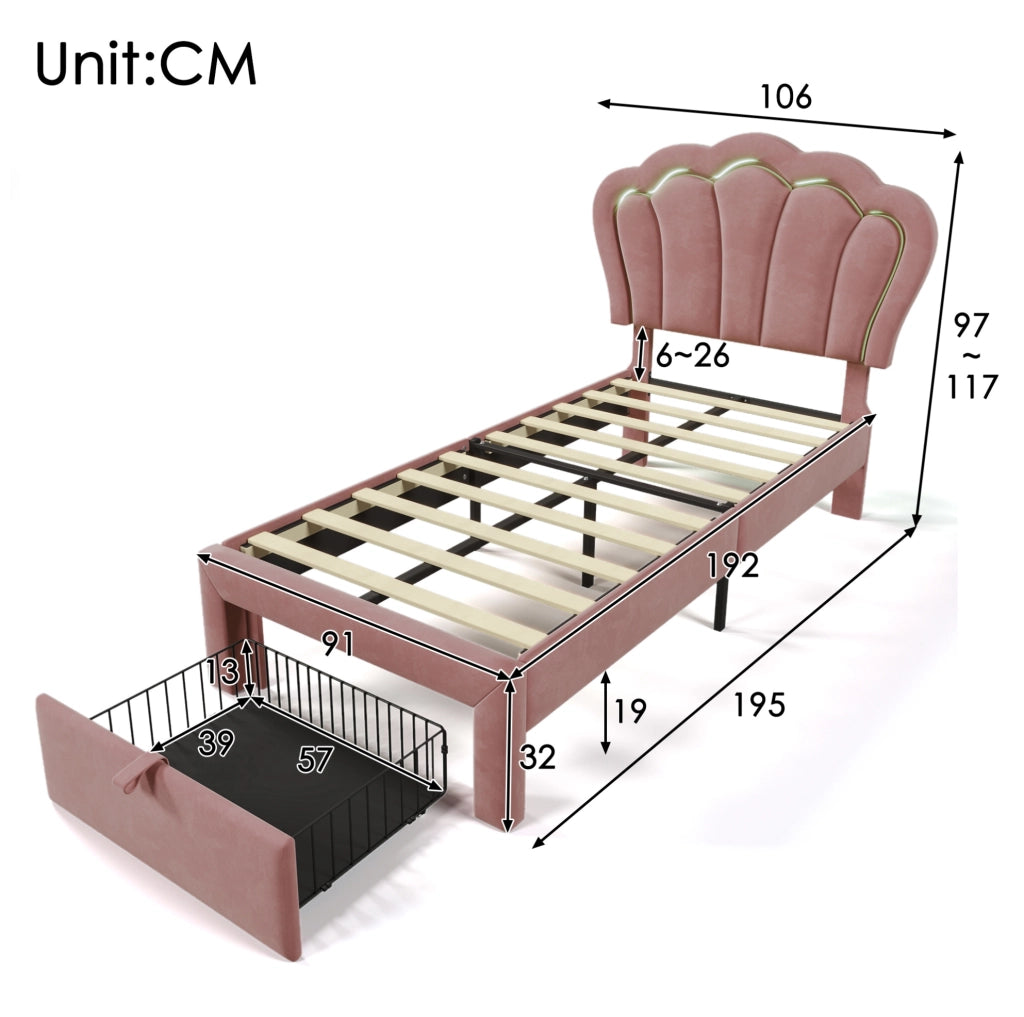 Letto singolo 90x190 cm in velluto rosa con testiera regolabile; LED RGB e cassetto