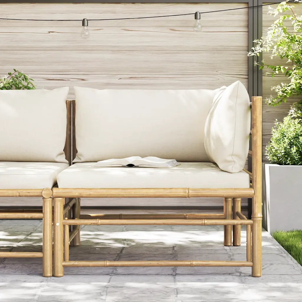 Divano Angolare da Giardino con Cuscini Bianco Crema in Bambù