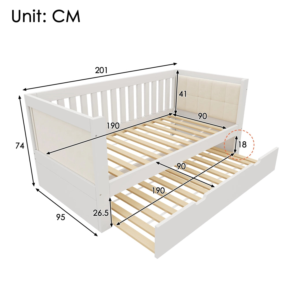 Daybed con letto estraibile 90 × 190 cm, schienale a tre lati, senza materasso, in legno, bianco