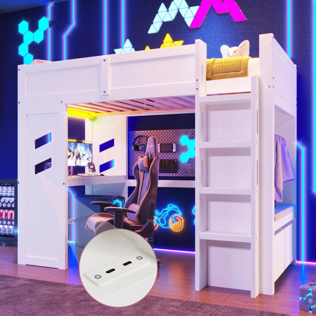 DESMIU Letto a soppalco 1 posto con scrivania, 2 cassetti, USB, Type-C e LED 90 × 200 cm, senza materasso