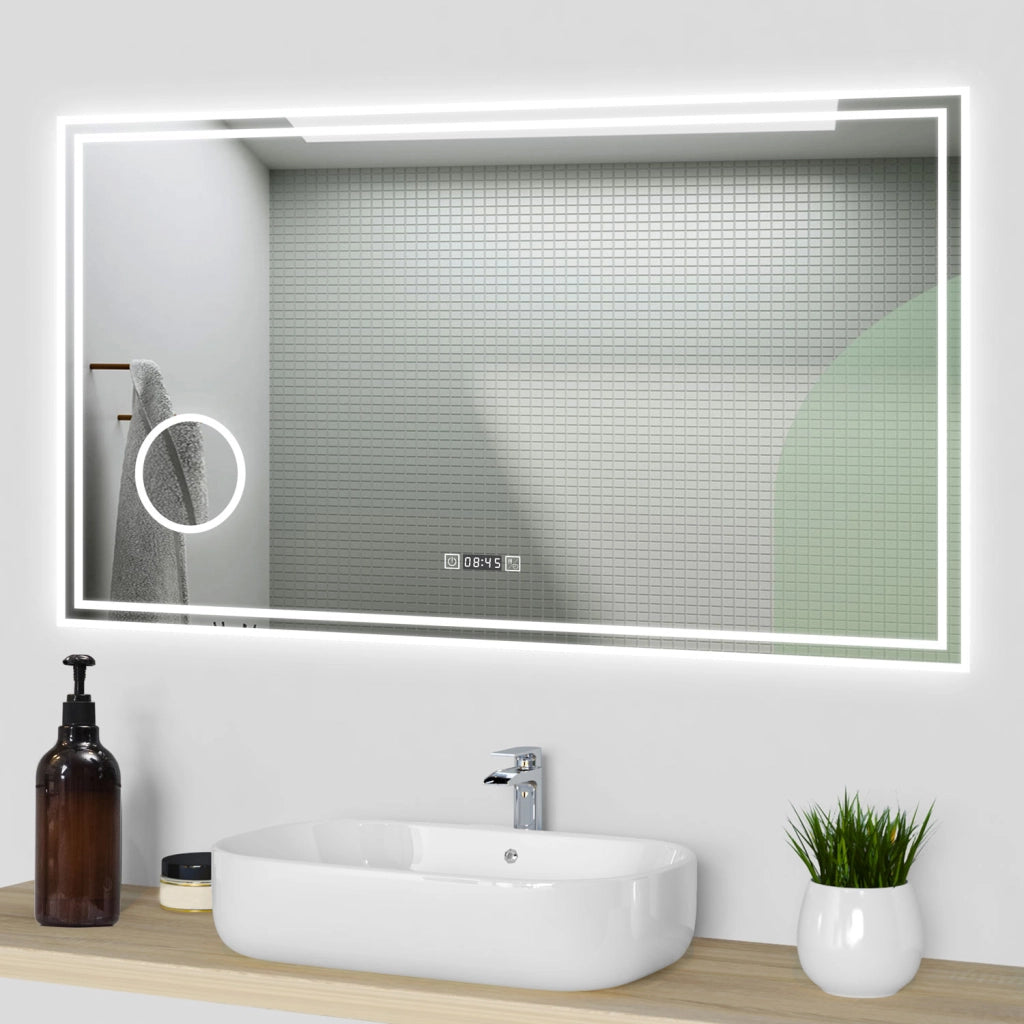 Specchio da bagno a LED, 120x70cm, orologio, Lente d'ingrandimento