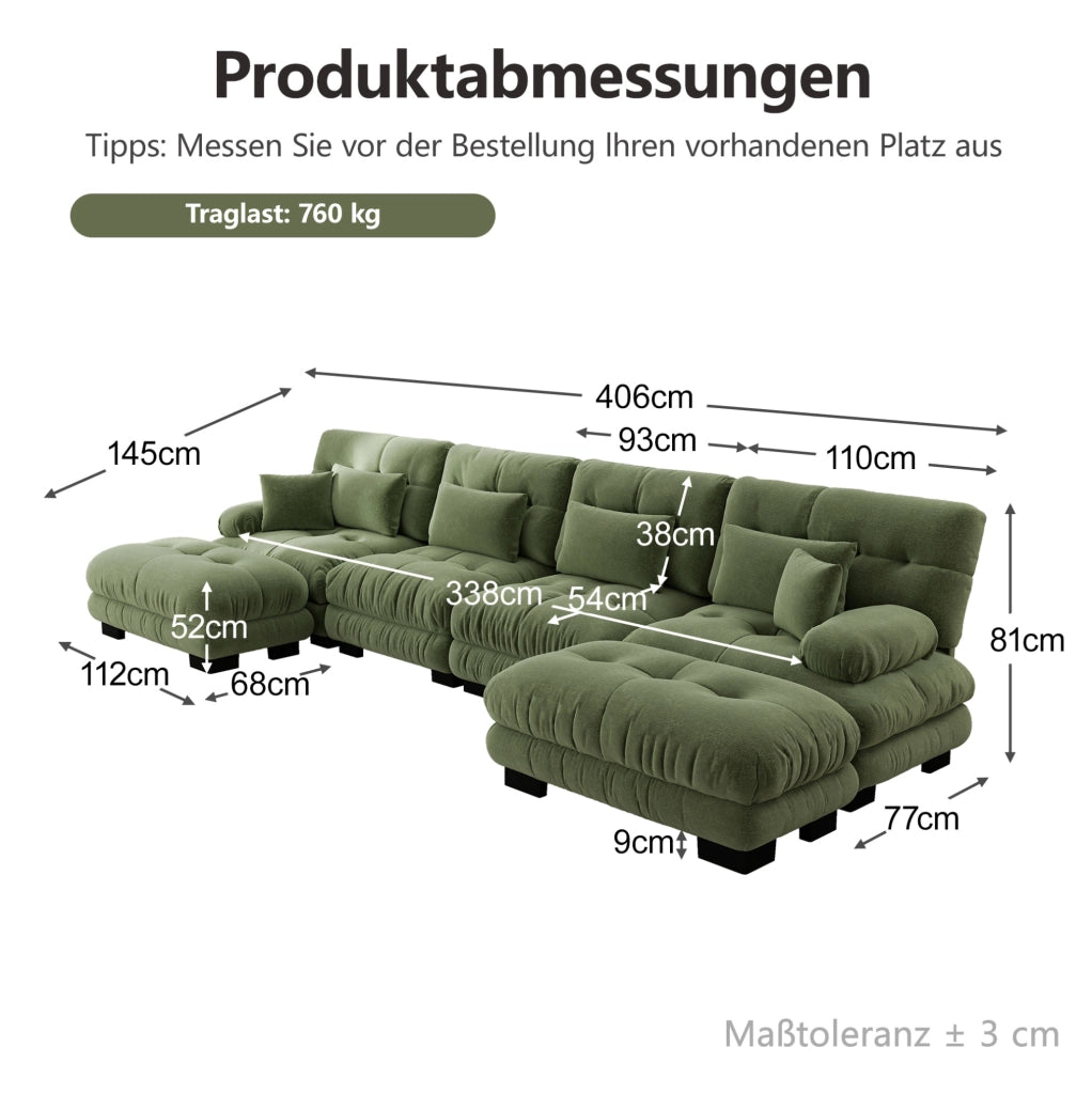 Divano modulare in chenille verde con ottomane mobili; configurazione a U; L o lineare