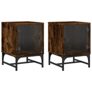 Set di 2 Comodini | Armadio da Notte | Mobiletto da notte con Ante in Vetro Rovere Fumo 35x37x50 cm