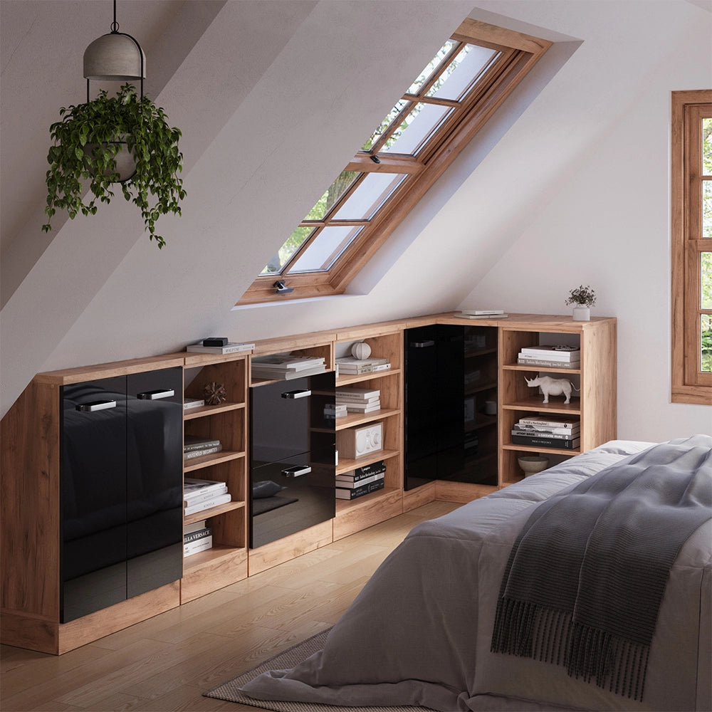 Mobile sottotetto Mobile angolare Rion Nero lucido/Rovere dorato 75.6 x 83.8 cm con 1 porta Vicco