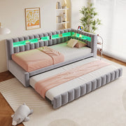 Letto imbottito estraibile 90x200 cm con LED, porte USB e Type-C, velluto grigio chiaro