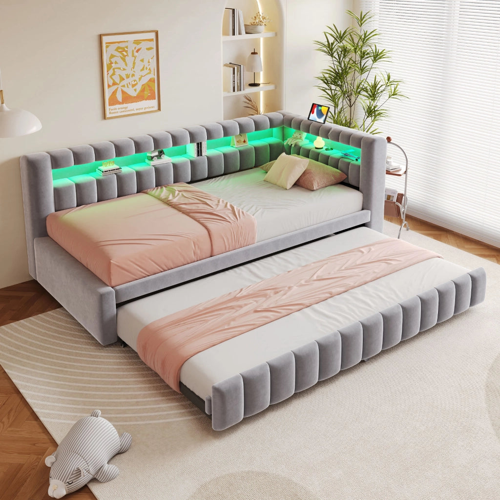 Letto imbottito estraibile 90x200 cm con LED, porte USB e Type-C, velluto grigio chiaro
