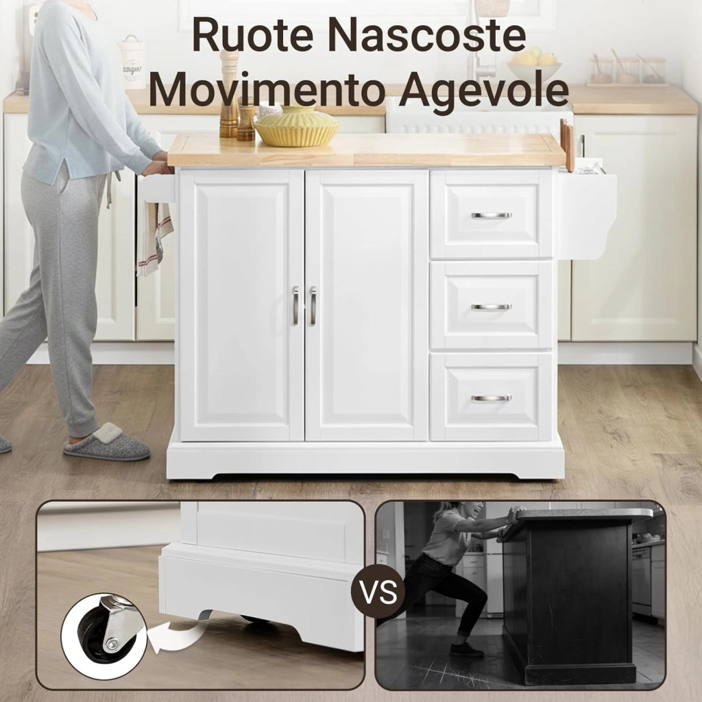 isola cucina con piano di lavoro in legno massello allungabile carrello da cucina con ruote mobile cucina con 3 cassetti Bianco 130x91x(46-71) cm FKW41-II-WN