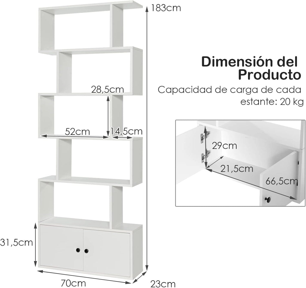Libreria Scaffale in Legno, Libreria Verticale a 5 Livelli, Forma di S, Divisorio per Stanza con 2 Ante, per Soggiorno, Camera da Letto, 70 x 23 x 183 cm (Bianco)