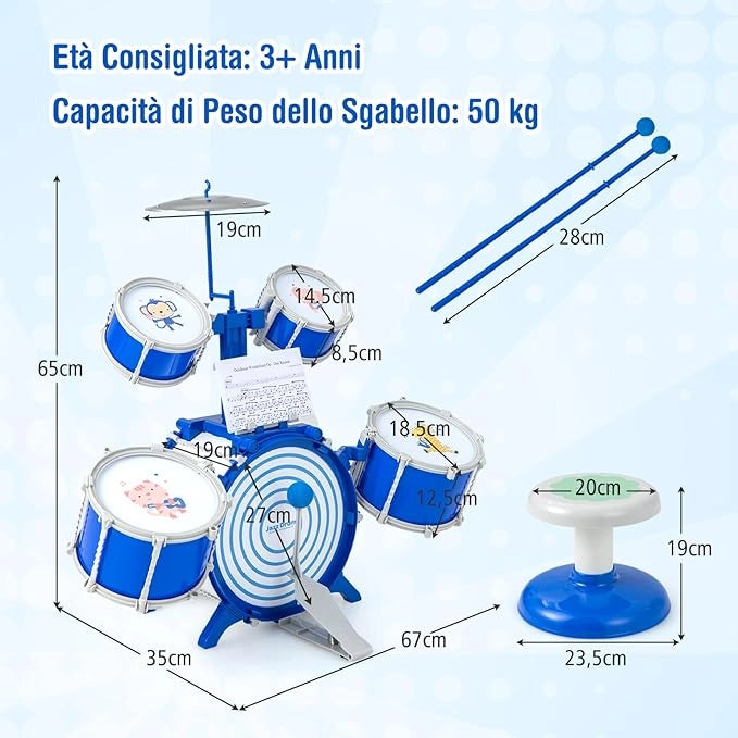 Set di Batteria per Bambini, Kit di Batteria Jazz con Cassa, Strumento Musicale a Percussione Educativo per Bambini 3+ Anni